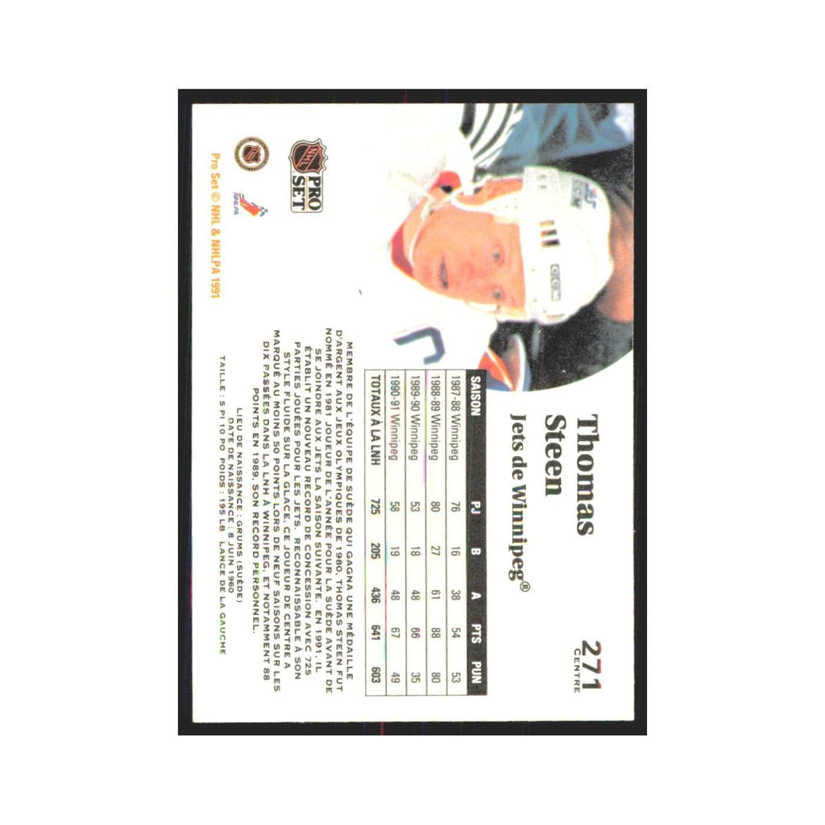 1991 Pro Set Thomas Steen Winnipeg Jets #271