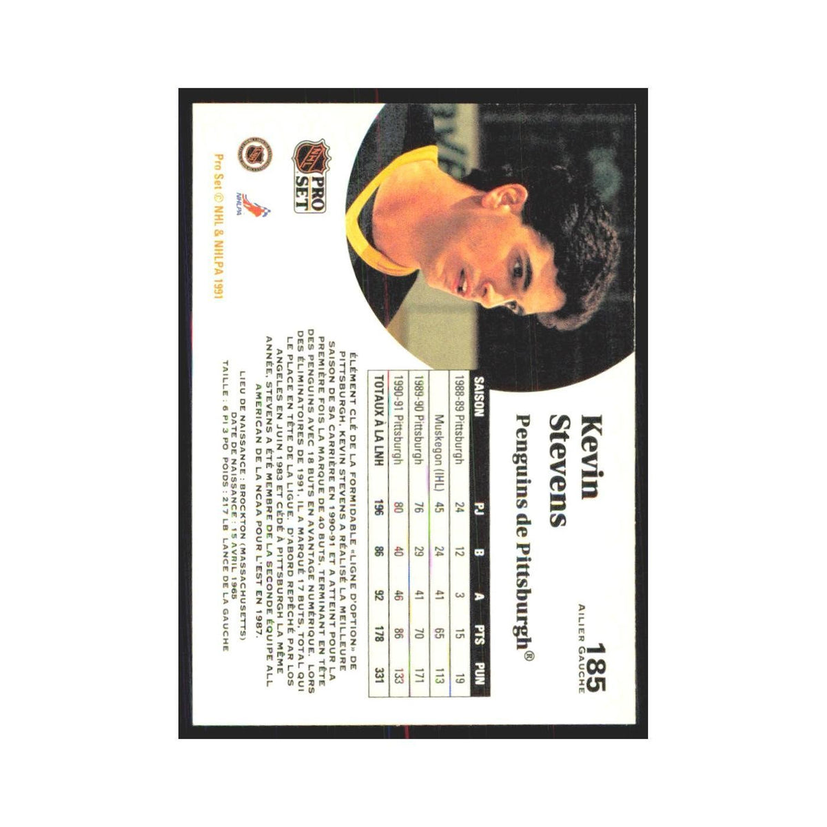 1991 Pro Set Kevin Stevens Pittsburgh Penguins #185
