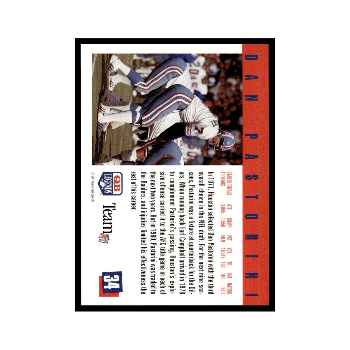 Dan Pastorini 1991 Quarterback Legends #34 Houston Oilers Football Card NM