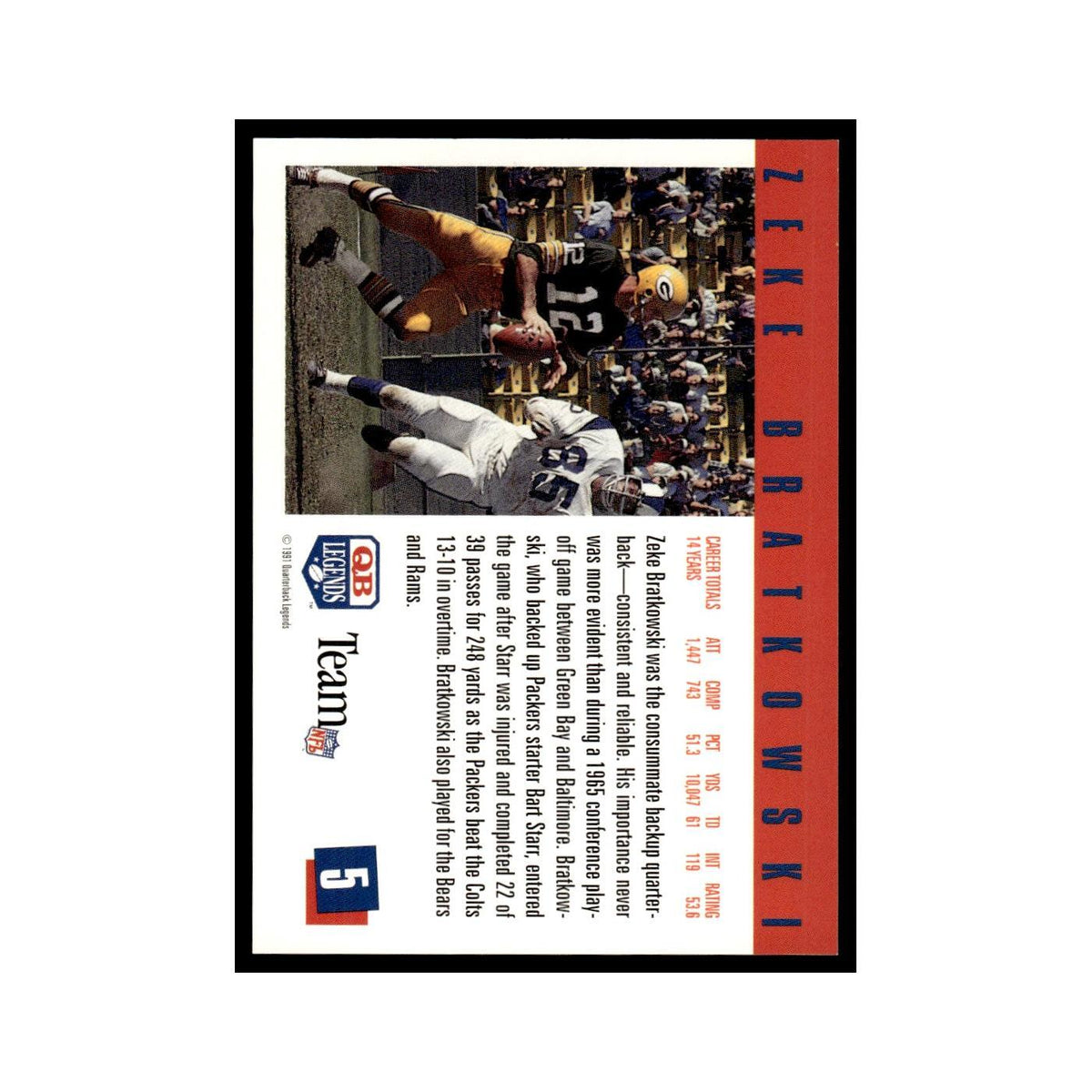 Zeke Bratkowski 1991 Quarterback Legends #5 Green Bay Packers Football Card NM