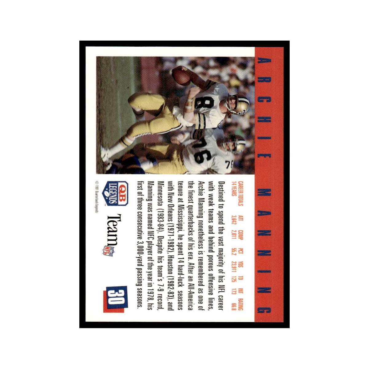 Archie Manning 1991 Quarterback Legends #30 New Orleans Saints Football Card NM