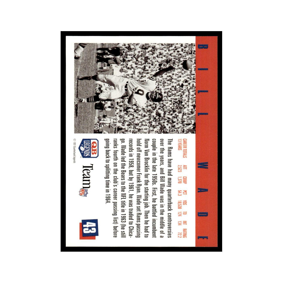 Bill Wade 1991 Quarterback Legends #43 Chicago Bears Football Card NM