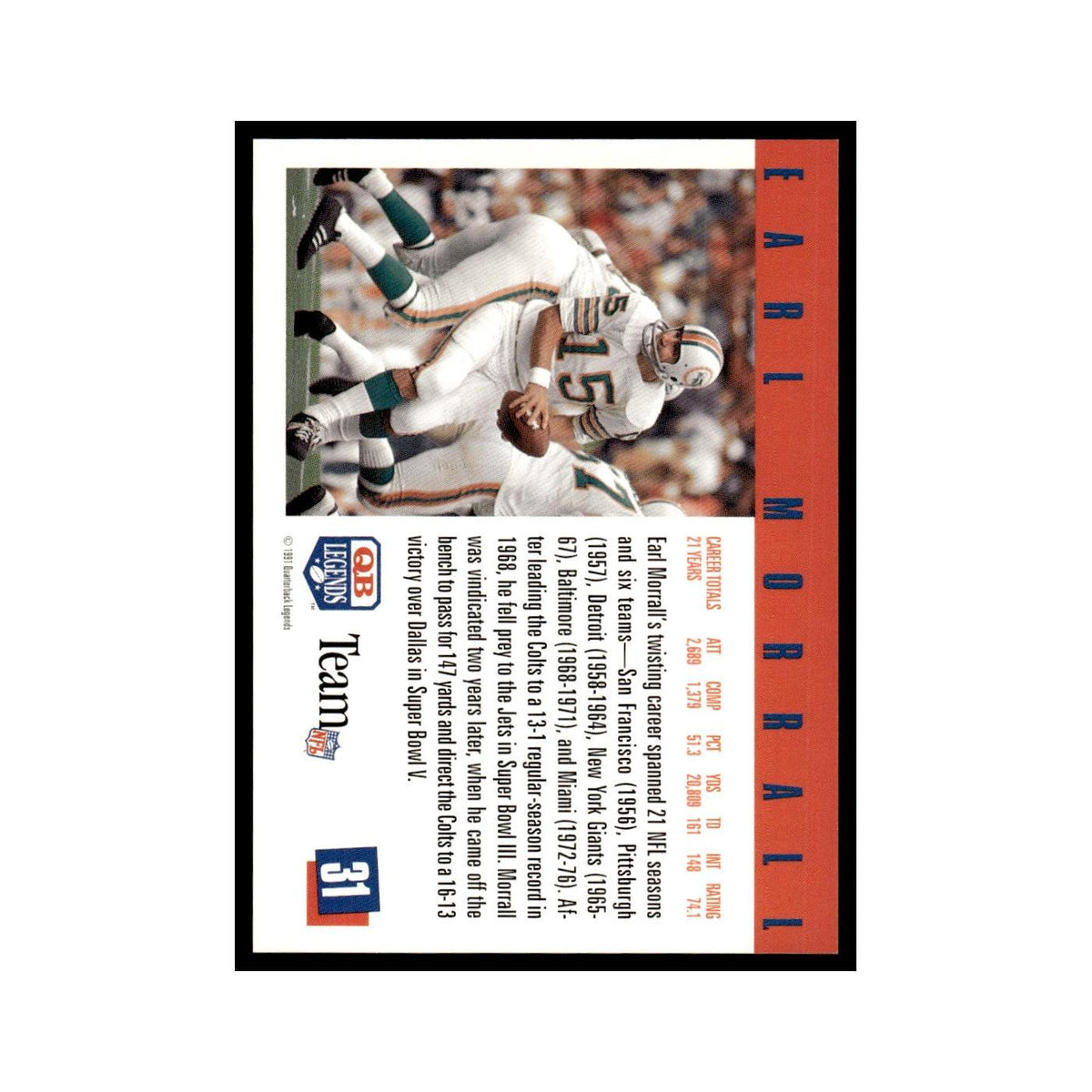 Earl Morrall 1991 Quarterback Legends #31 Baltimore Colts Football Card NM