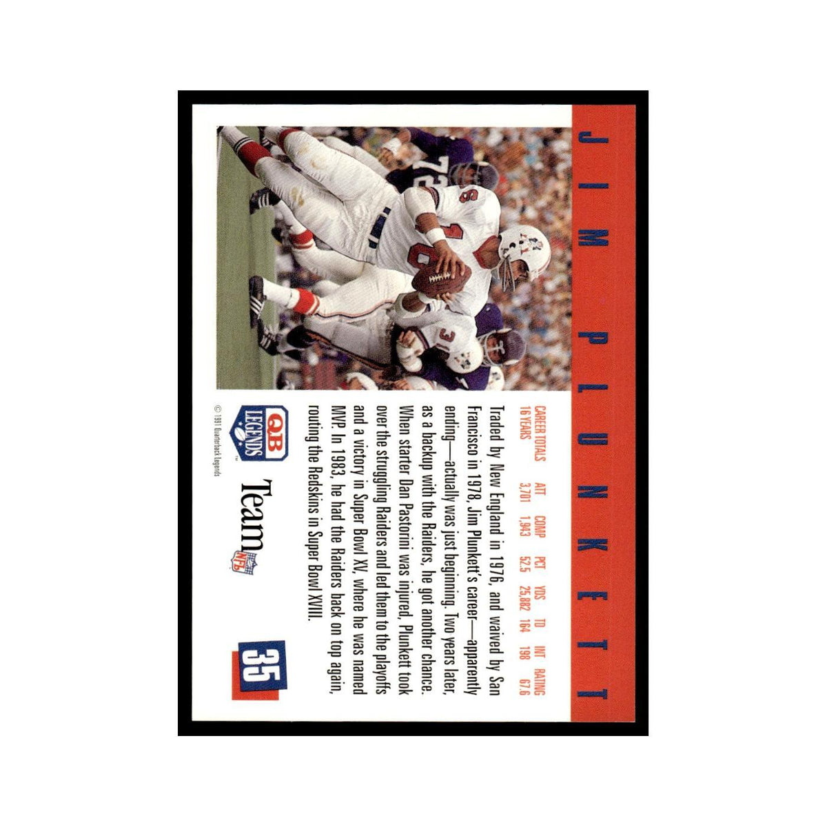 Jim Plunkett 1991 Quarterback Legends #35 Oakland Raiders Football Card NM