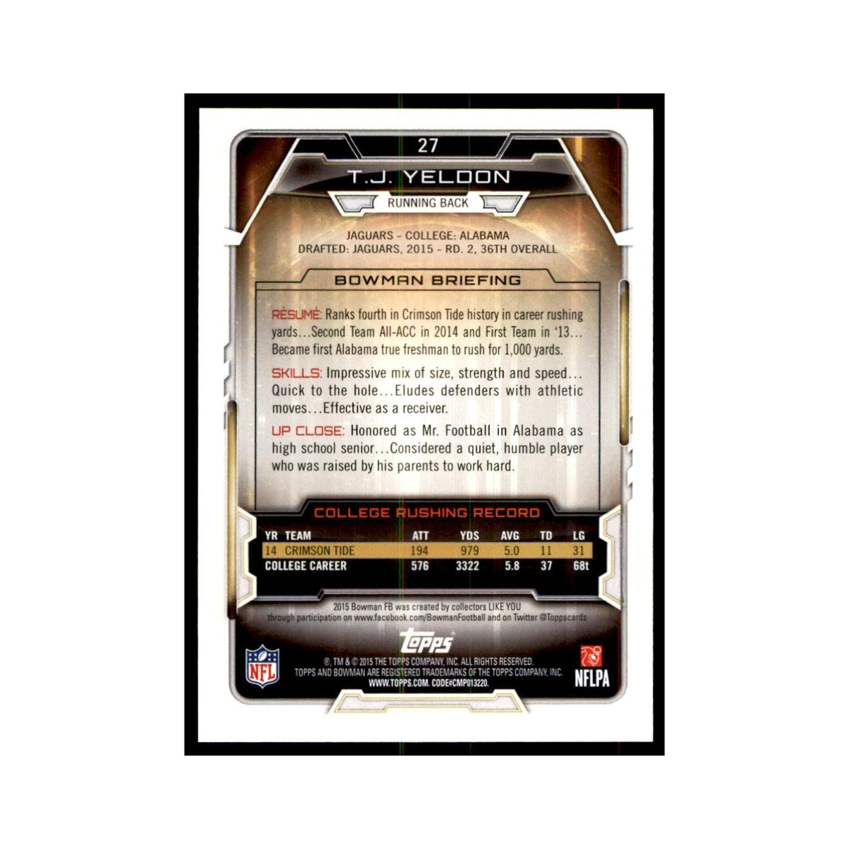 2015 Bowman T.J. Yeldon RC Football Cards #27
