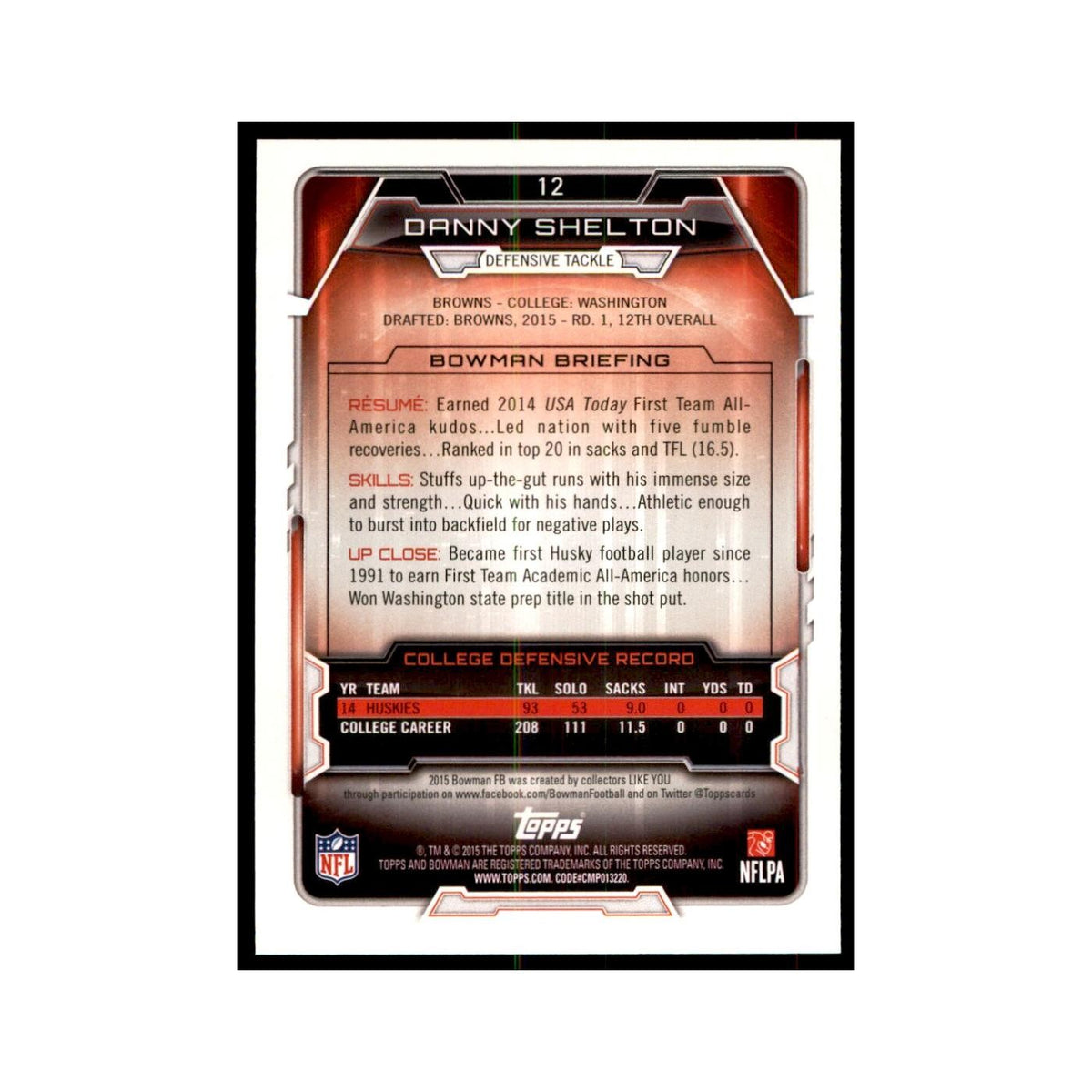 2015 Bowman Danny Shelton RC Football Cards #12