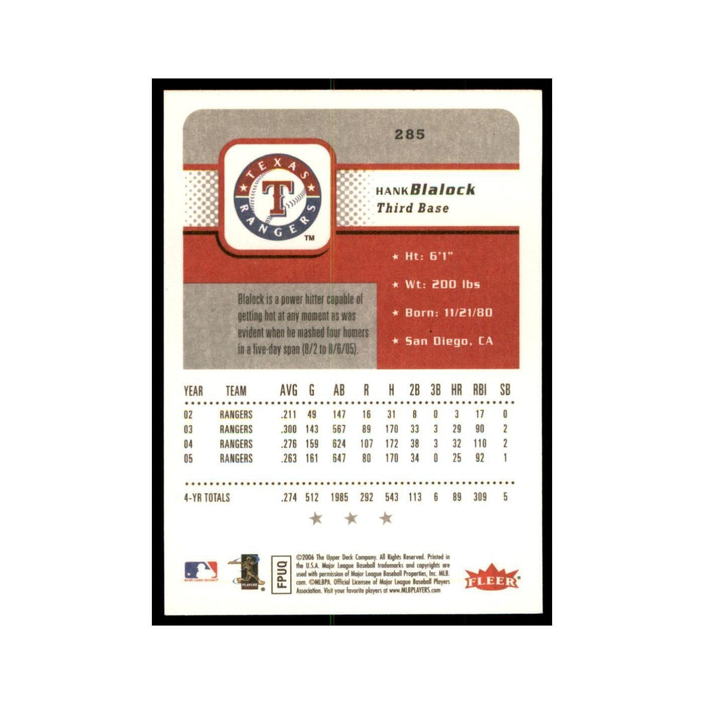 2006 Fleer Hank Blalock Baseball Cards #285