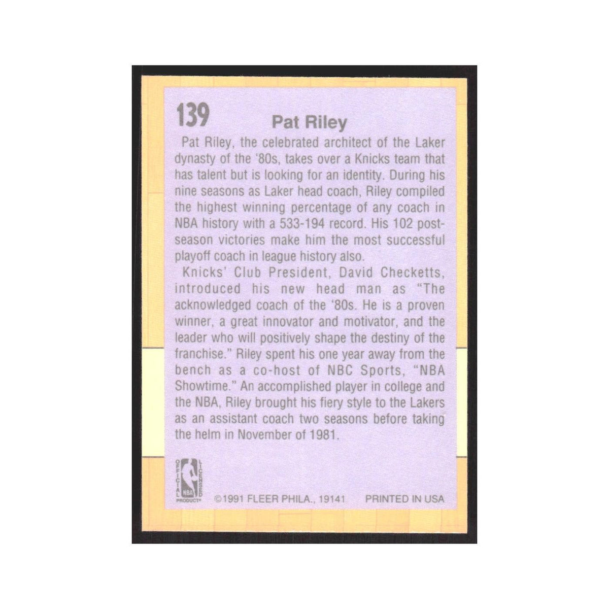 1991 Fleer Pat Riley Knicks #139