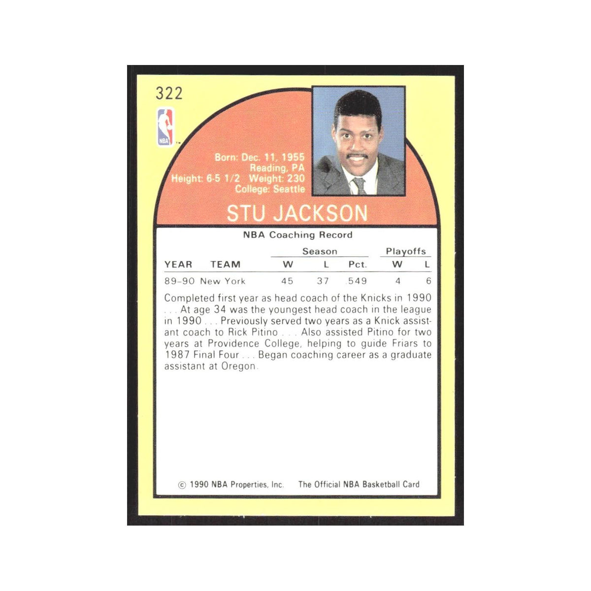 1990 Hoops Stu Jackson Knicks #322