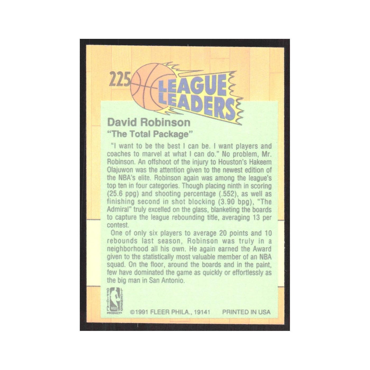 1991 Fleer David Robinson Spurs #225