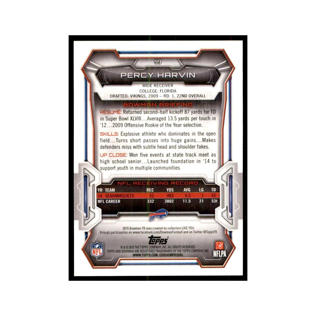 2015 Bowman Percy Harvin Football Cards #99