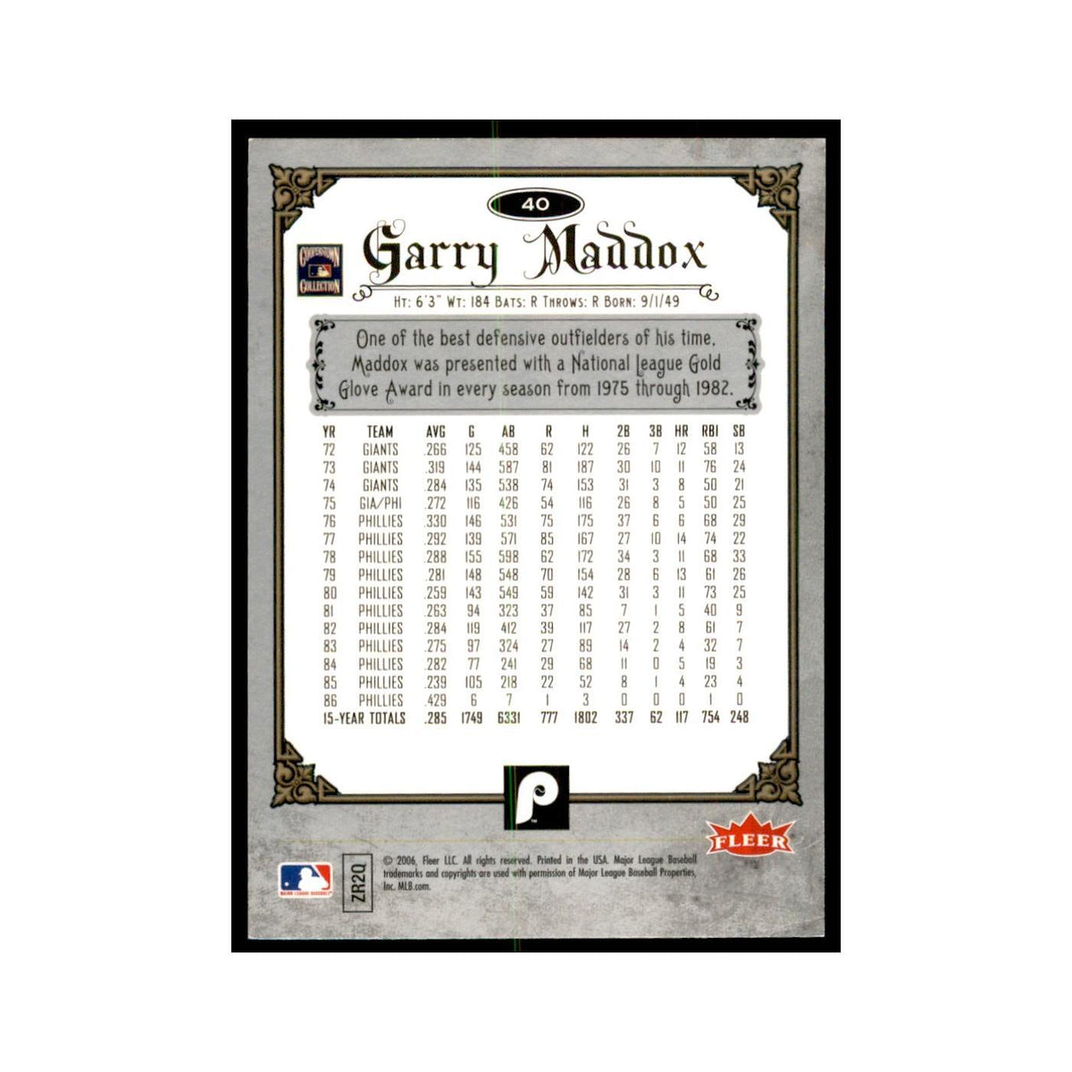 2006 Fleer Greats of the Game Garry Maddox Baseball Cards #40