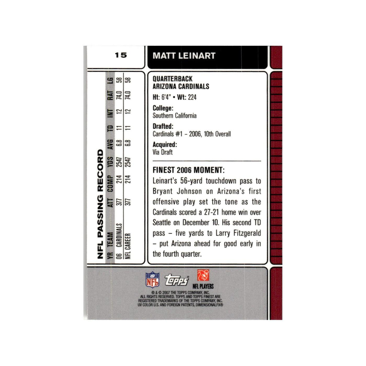 Matt Leinart 2007 Topps Finest #15 Football Card NM