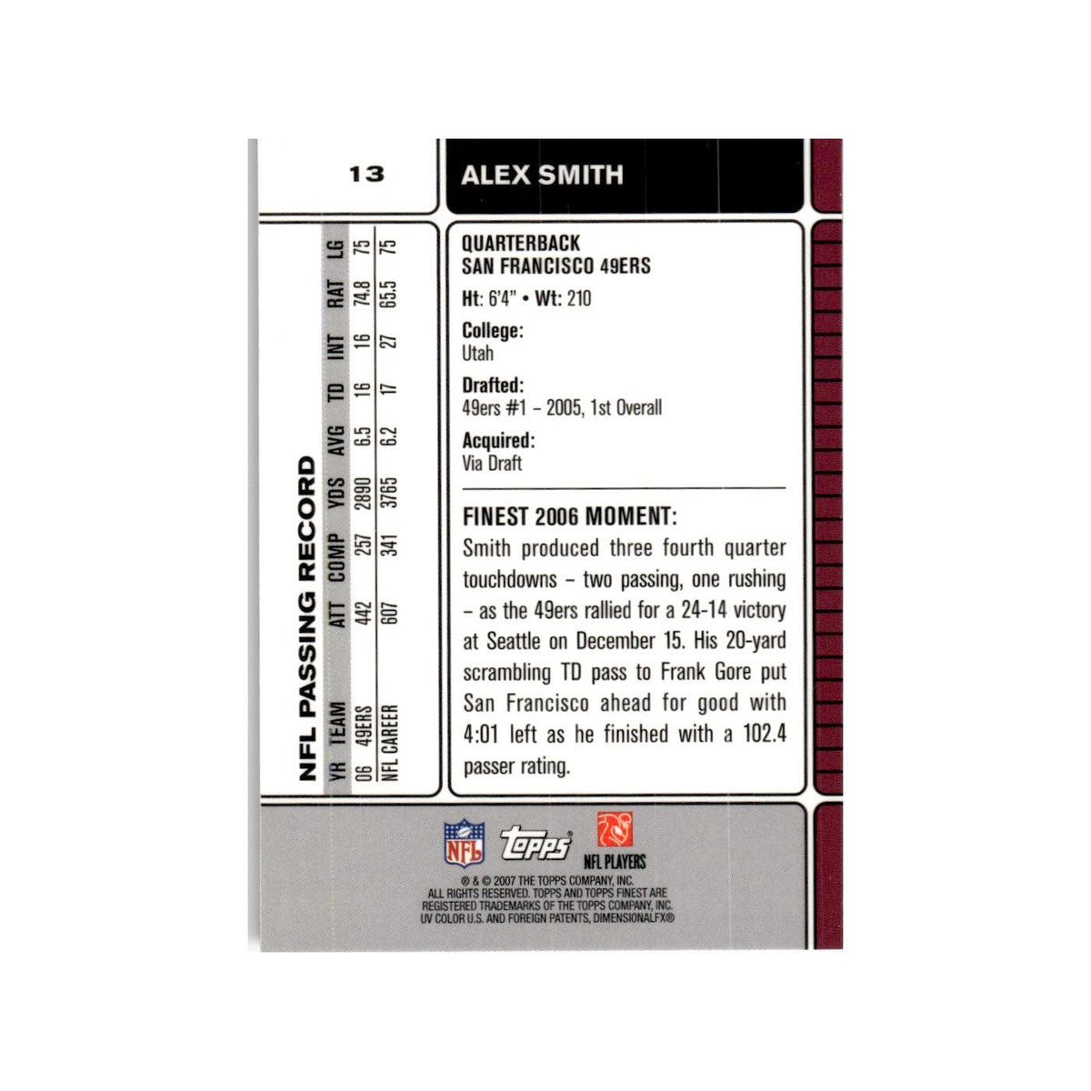 Alex Smith 2007 Topps Finest #13 Football Card NM