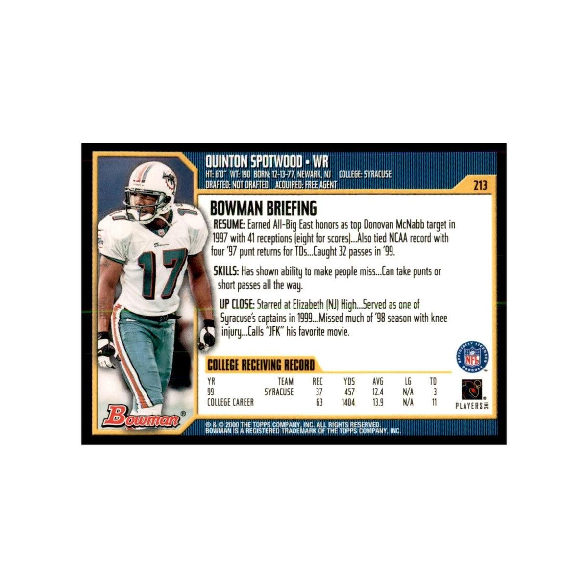 2000 Bowman Quinton Spotwood RC Football Cards #213