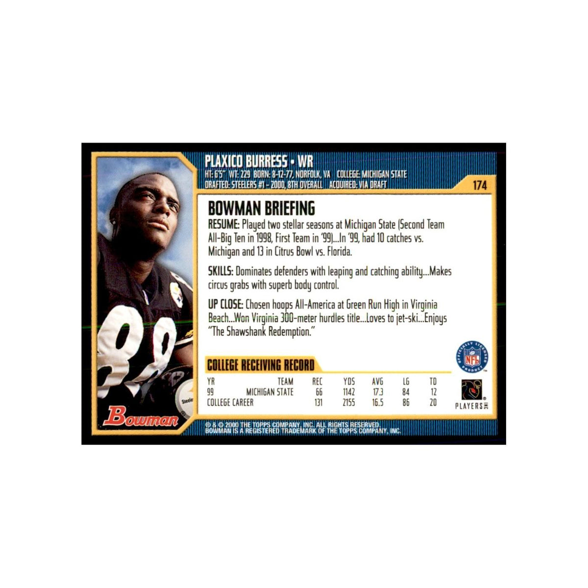 2000 Bowman Plaxico Burress RC Football Cards #174