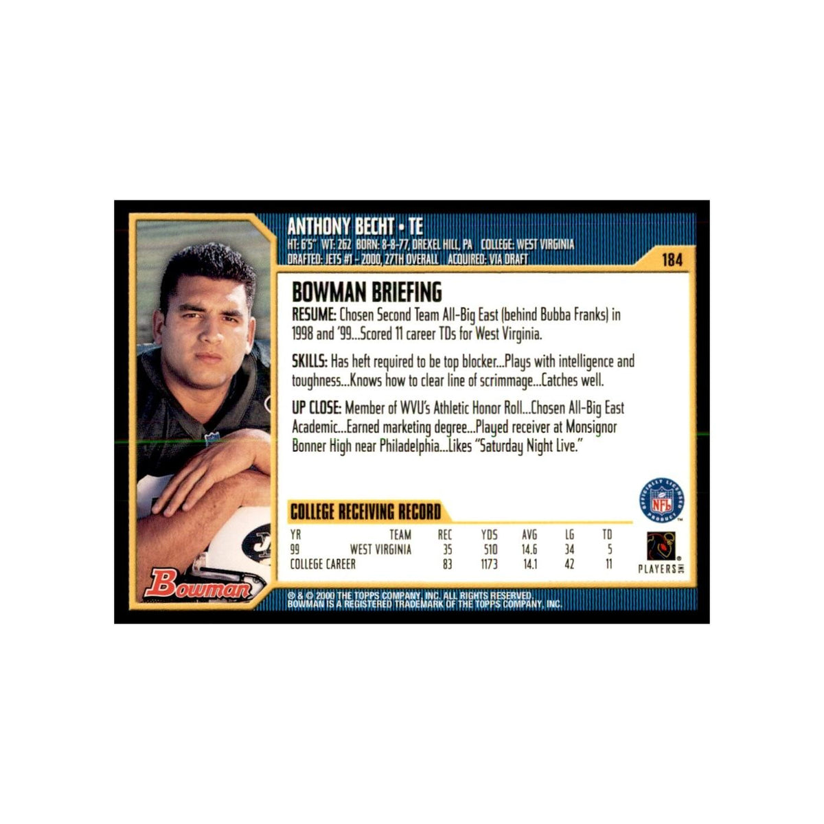 2000 Bowman Anthony Becht RC Football Cards #184