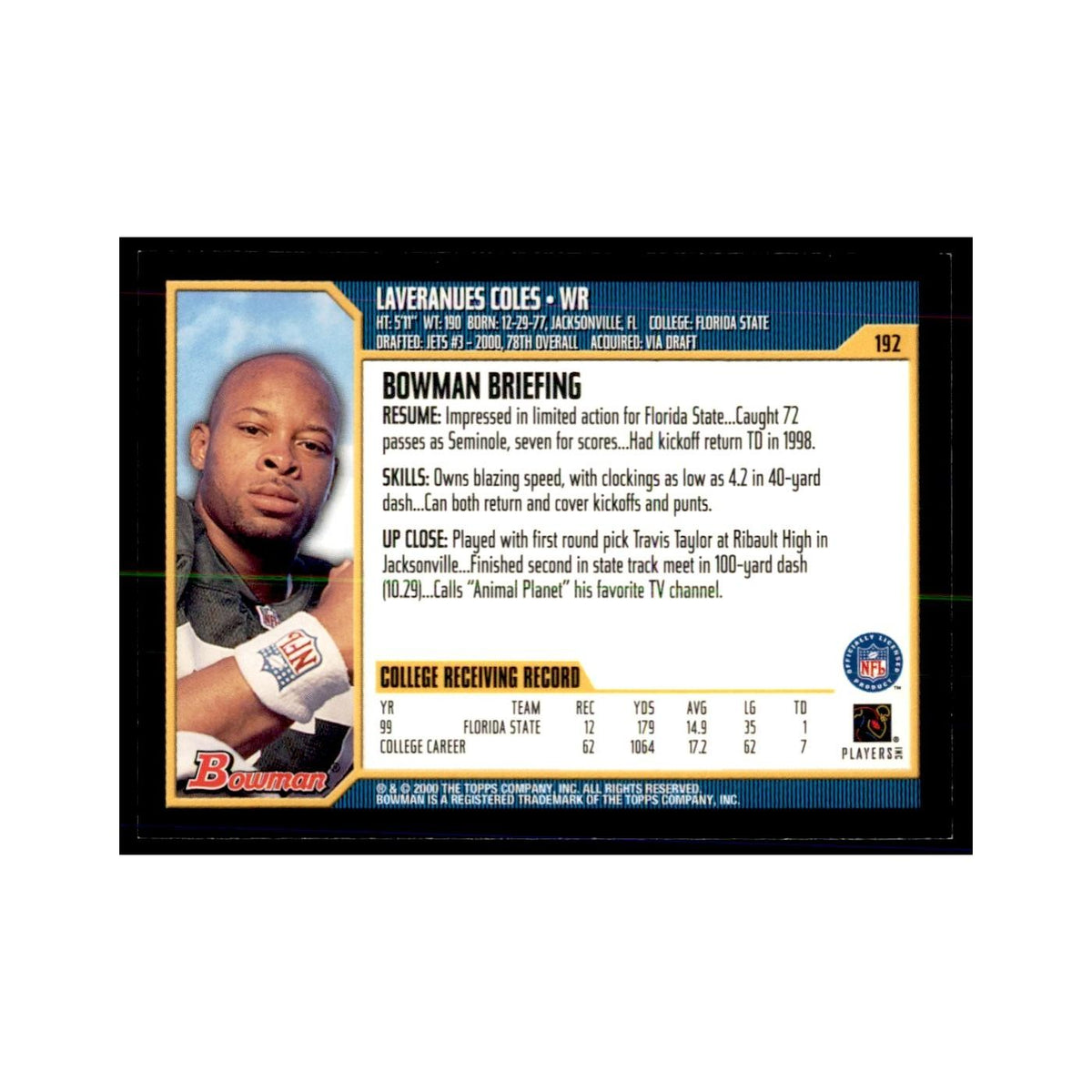 2000 Bowman Laveranues Coles RC Football Cards #192