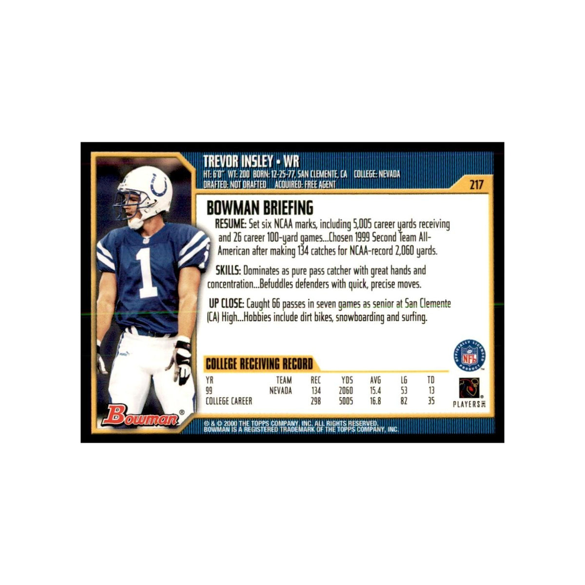 2000 Bowman Trevor Insley RC Football Cards #217