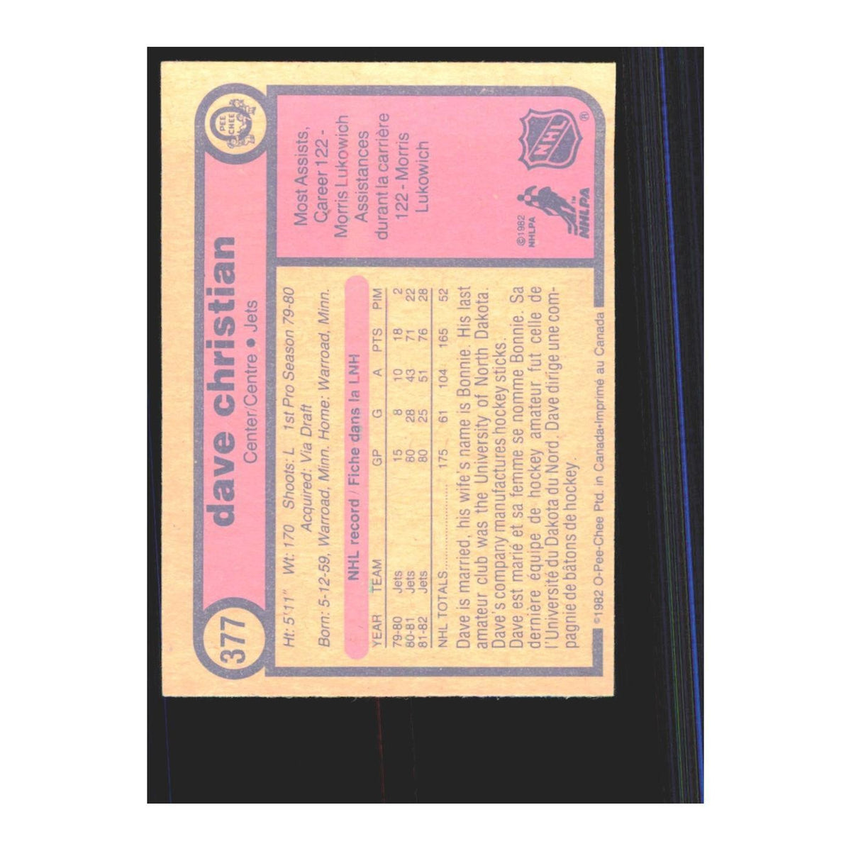 1982 O-Pee-Chee Dave Christian Winnipeg Jets #377