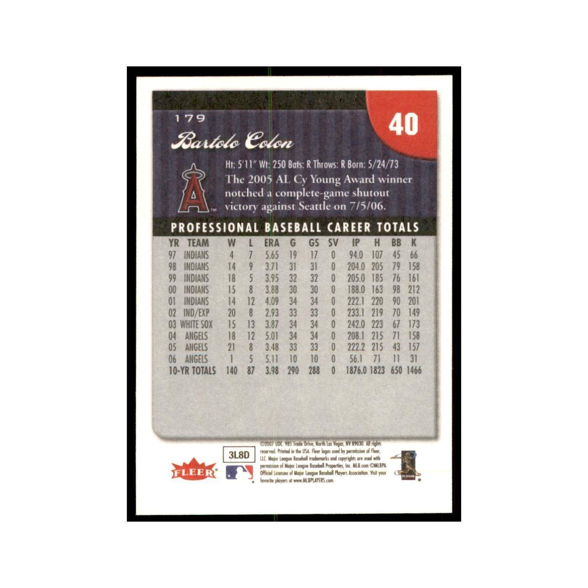 2007 Fleer Bartolo Colon Baseball Cards #179