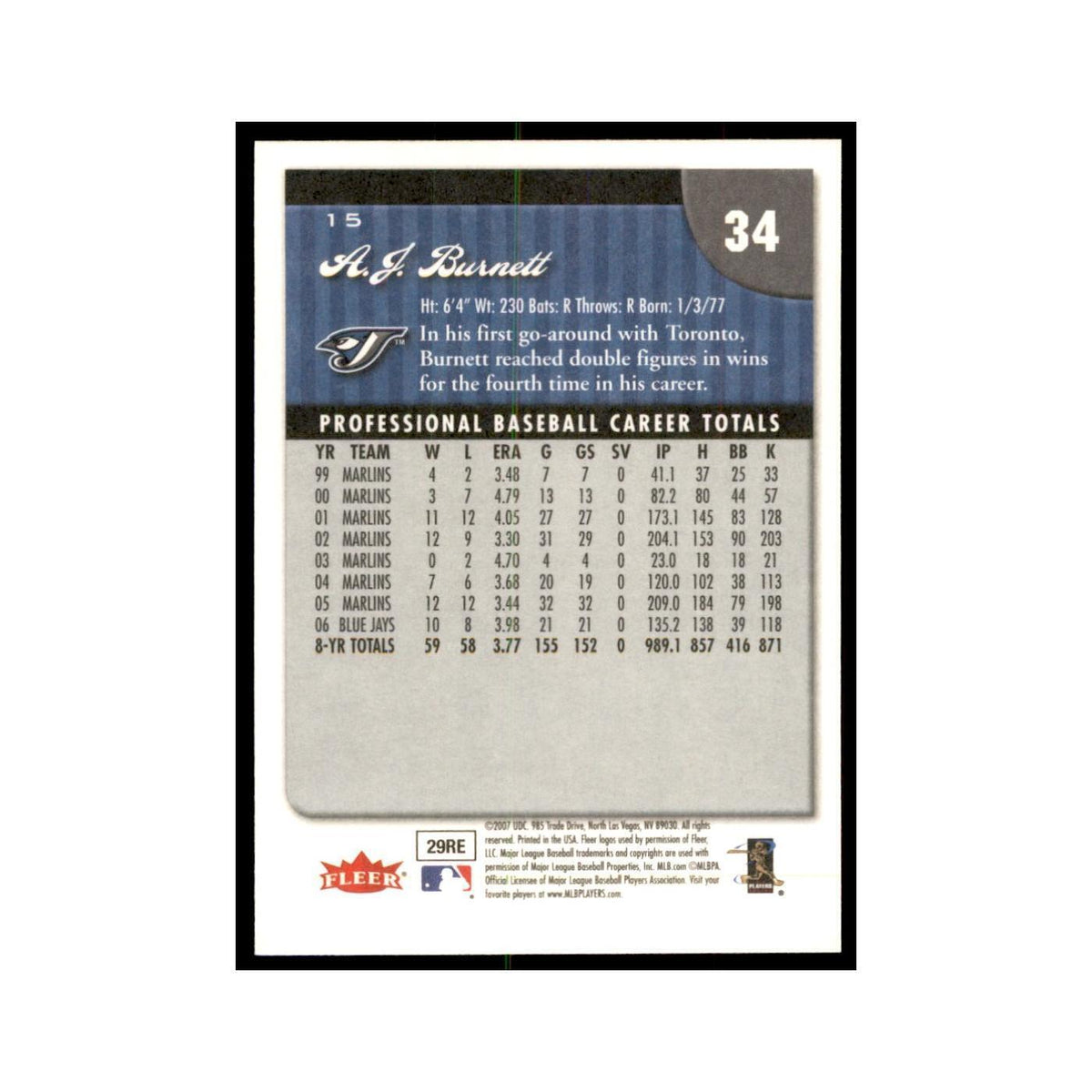 2007 Fleer A.J. Burnett Baseball Cards #15