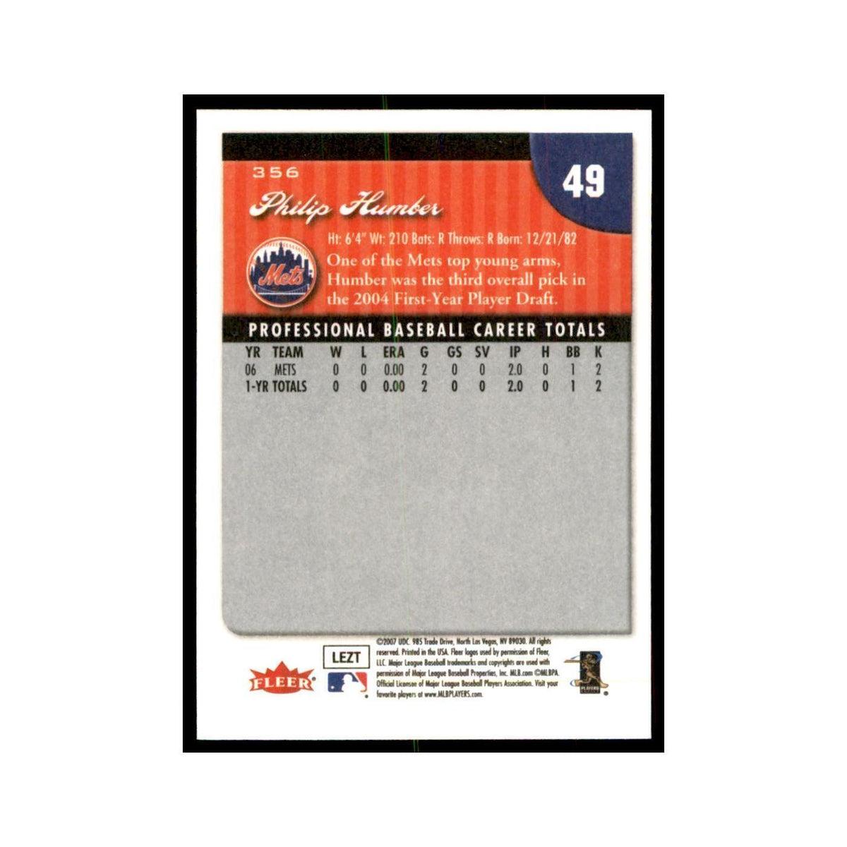 2007 Fleer Philip Humber Baseball Cards #356