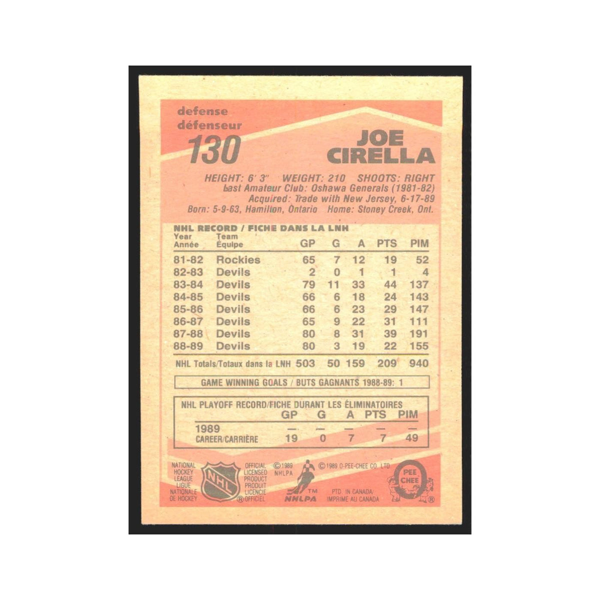 1989 O-Pee-Chee Joe Cirella Quebec Nordiques #130