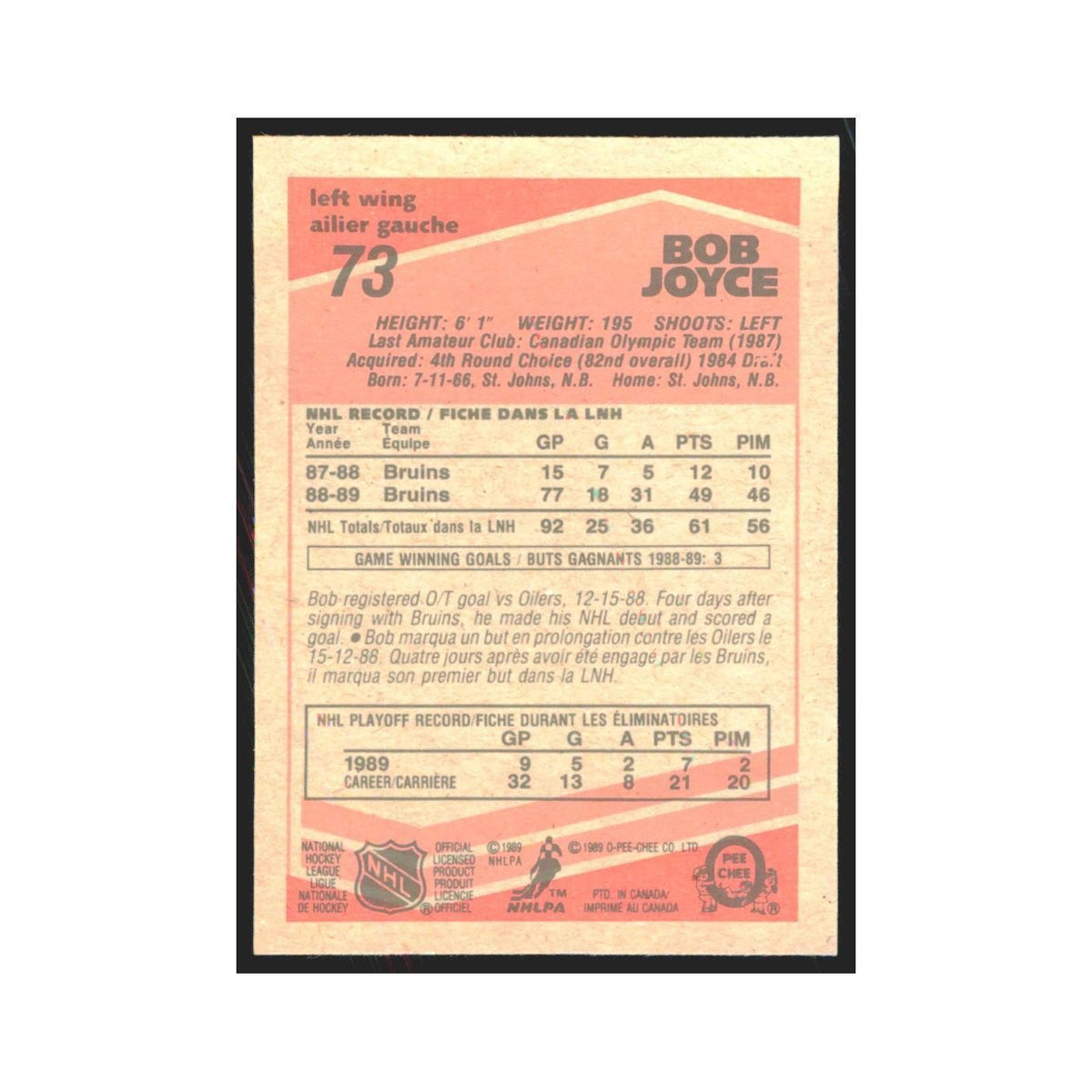1989 O-Pee-Chee Bob Joyce Boston Bruins #73