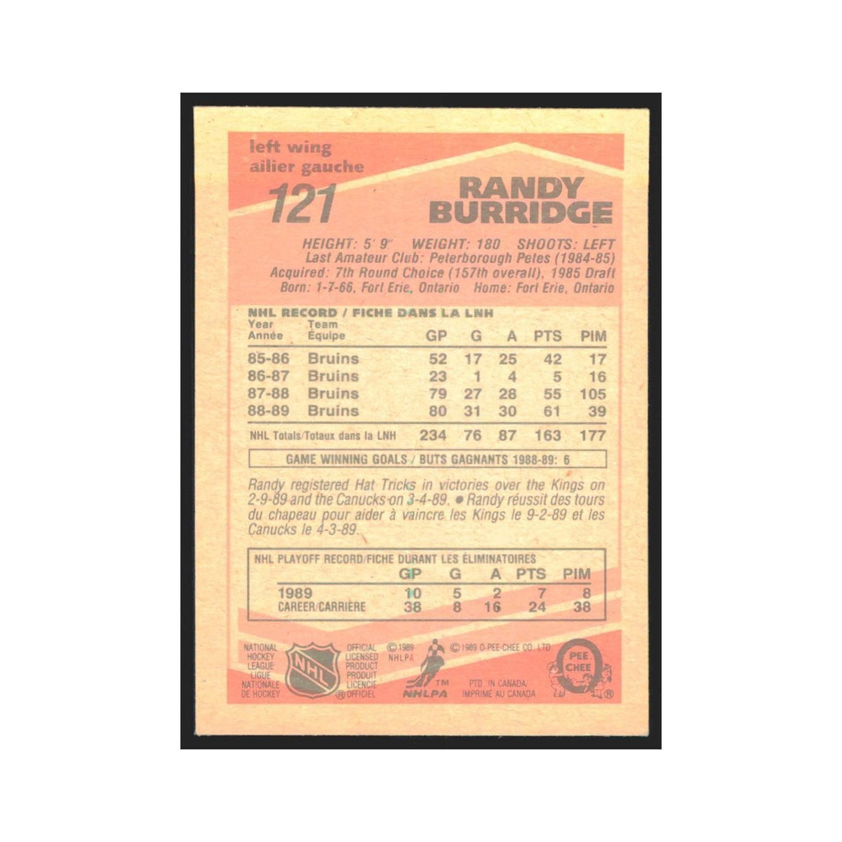1989 O-Pee-Chee Randy Burridge Boston Bruins #121