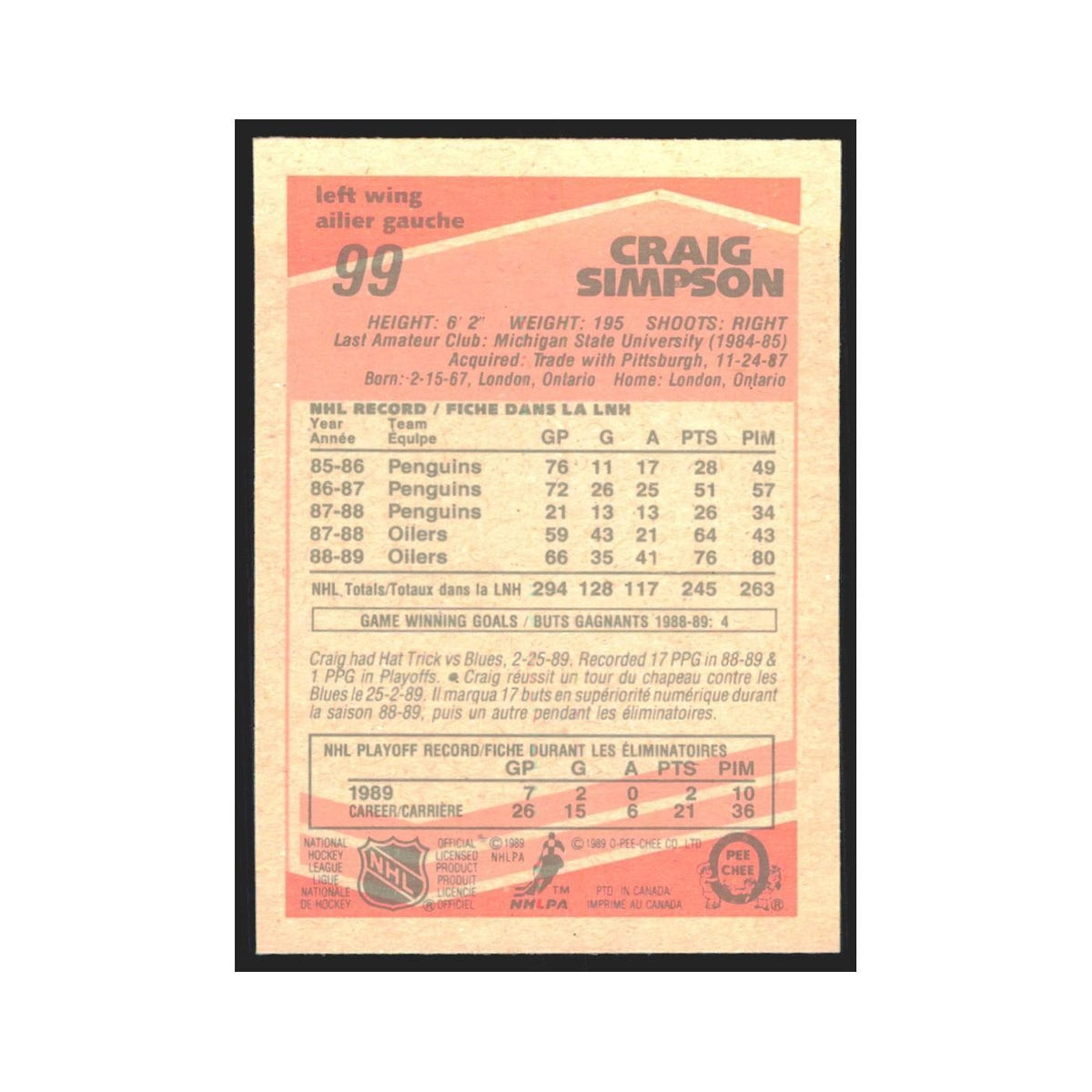 1989 O-Pee-Chee Craig Simpson Edmonton Oilers #99