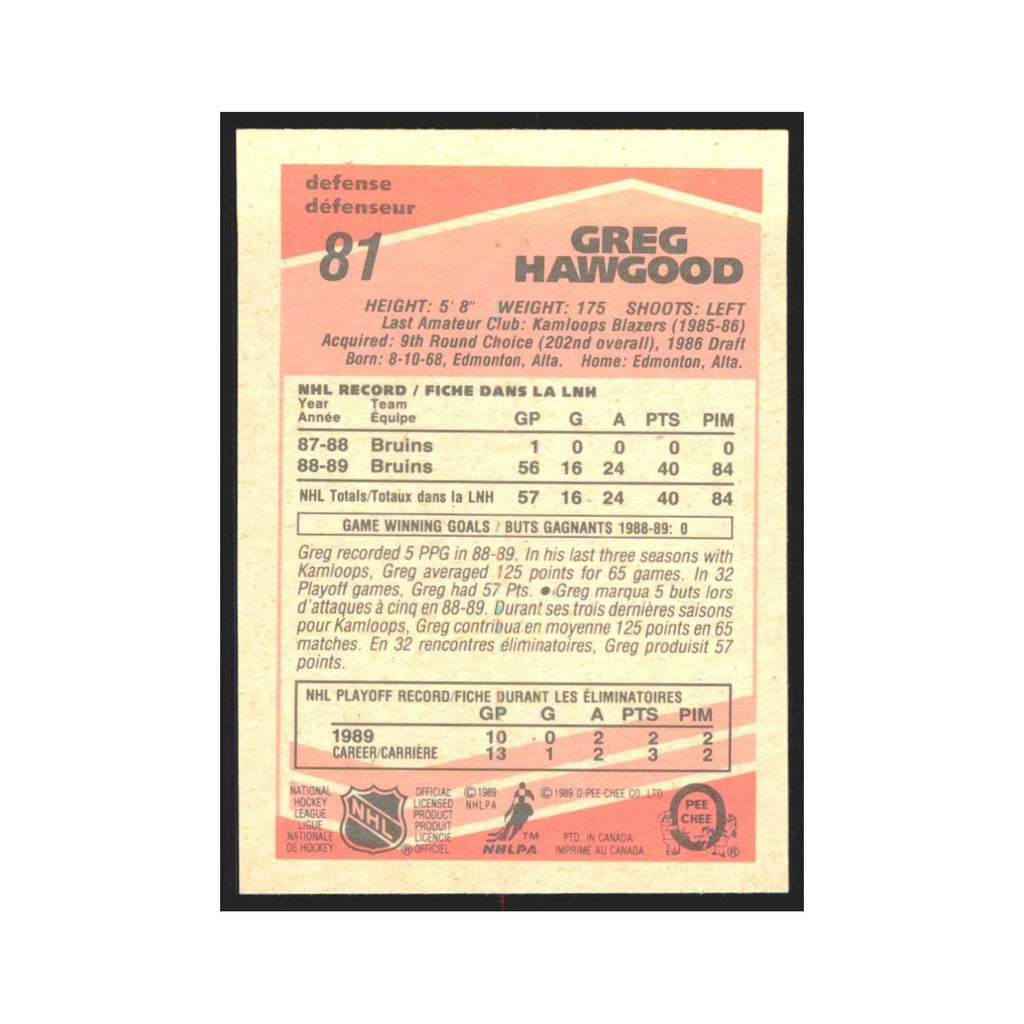 1989 O-Pee-Chee Greg Hawgood Boston Bruins #81