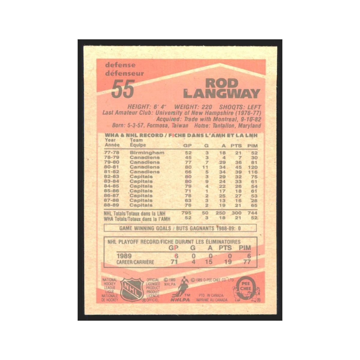 1989 O-Pee-Chee Rod Langway Washington Capitals #55