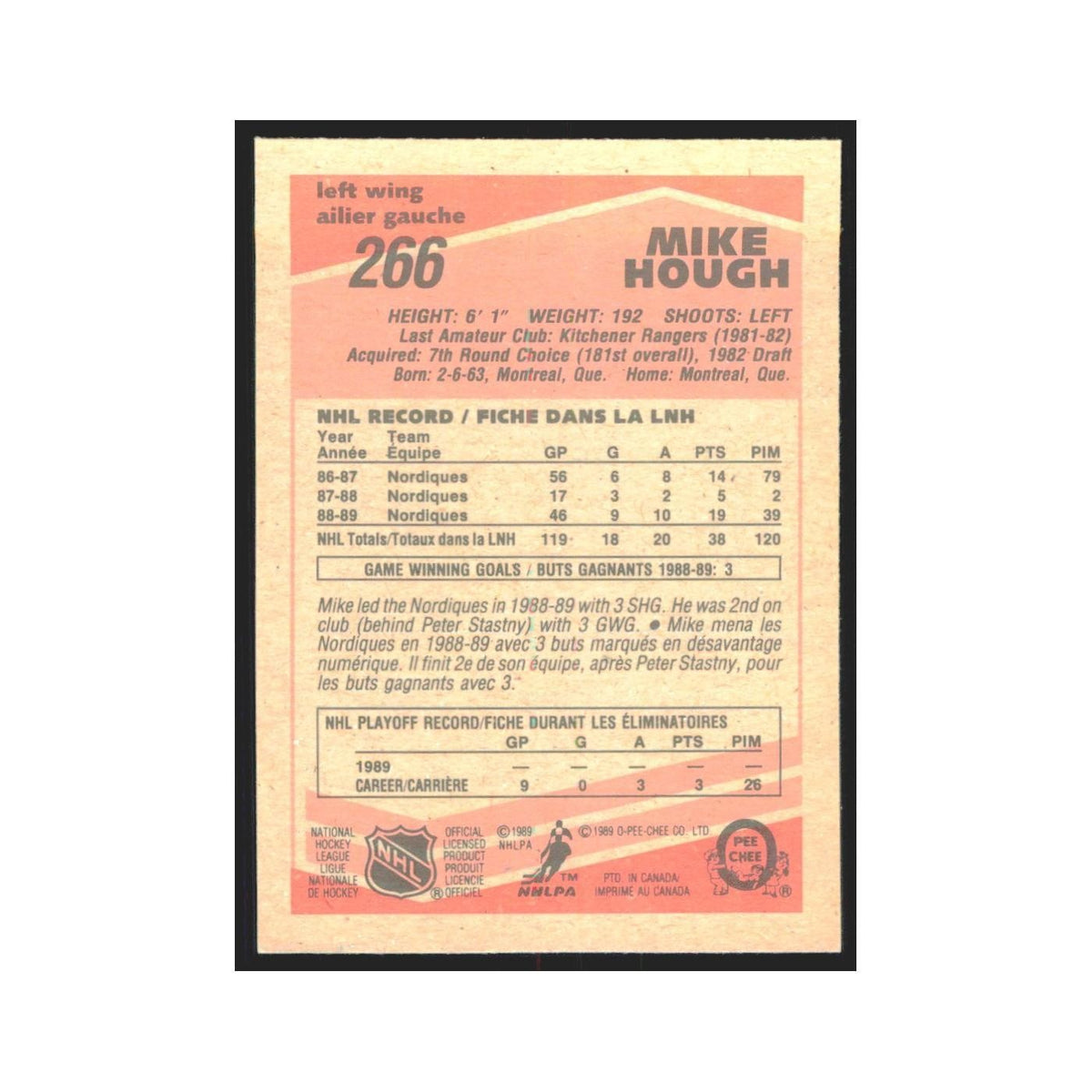 1989 O-Pee-Chee Mike Hough Quebec Nordiques #266