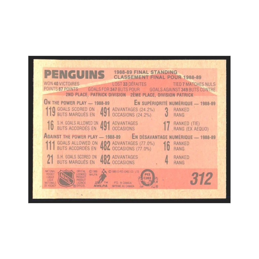 1989 O-Pee-Chee Final Standing Pittsburgh Penguins #312