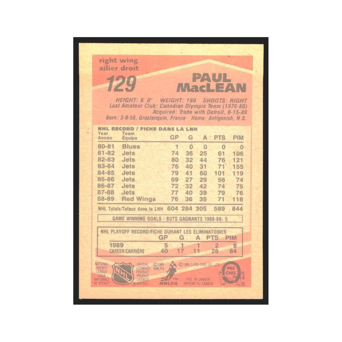 1989 O-Pee-Chee Paul MacLean St. Louis Blues #129