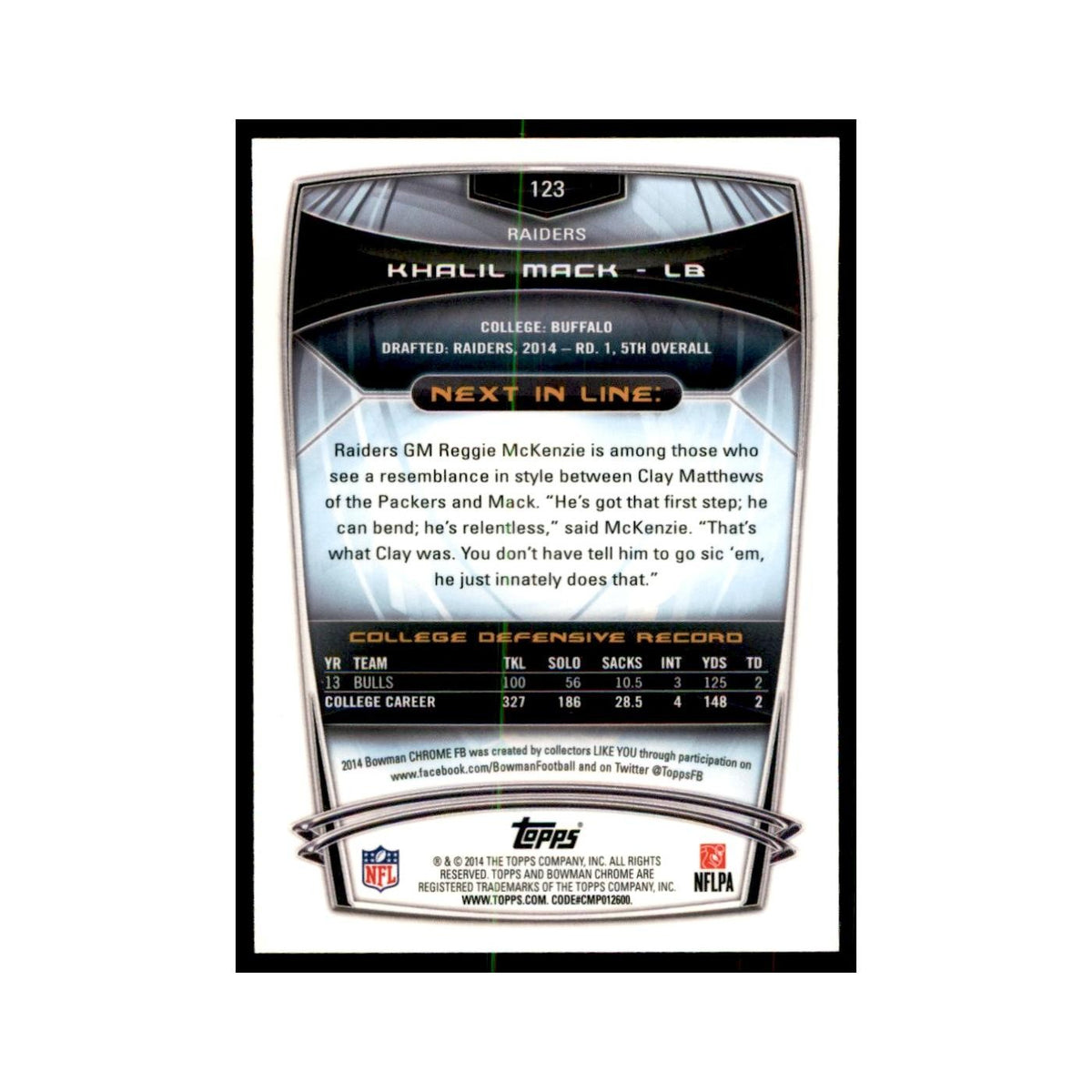 2014 Bowman Chrome Khalil Mack RC Football Cards #123