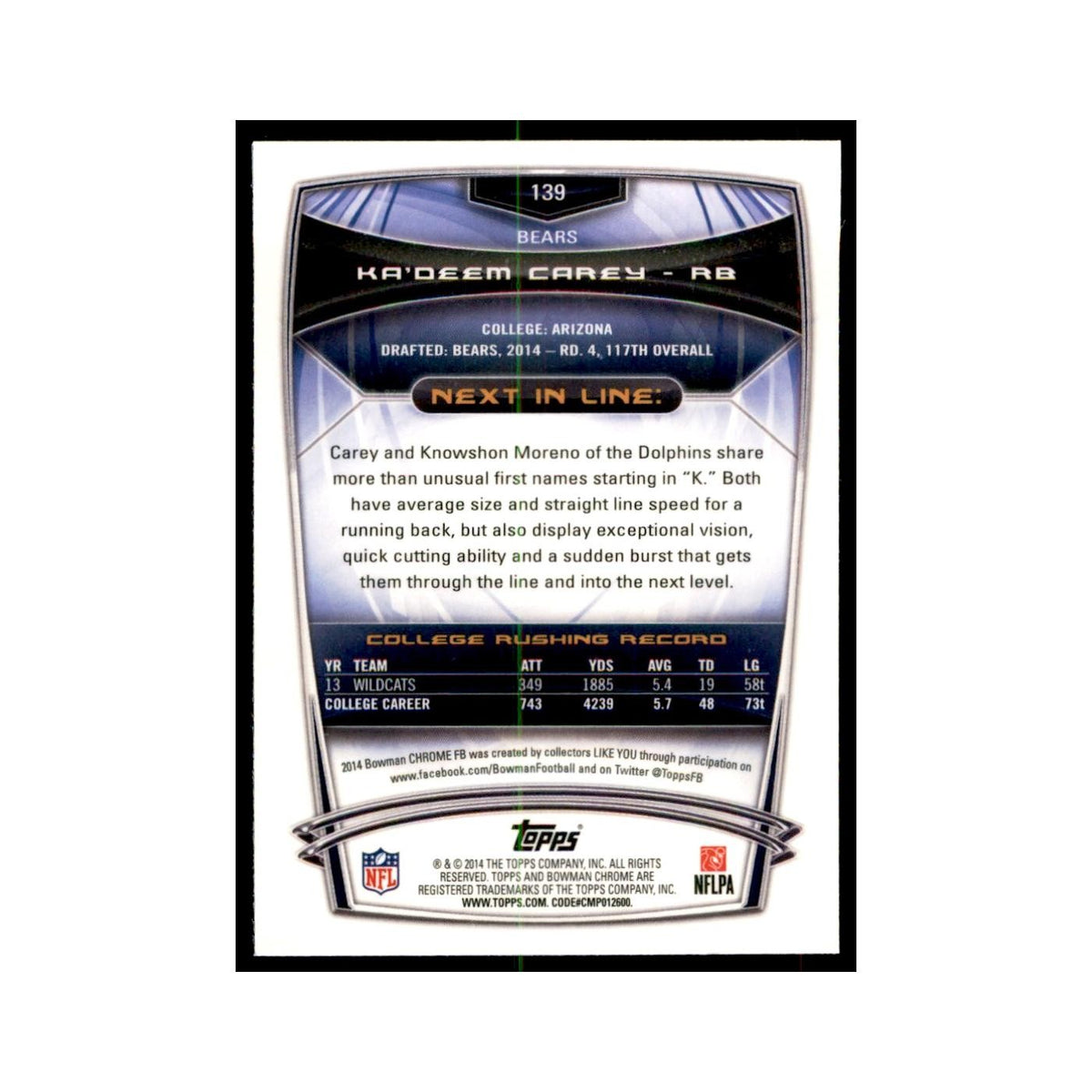2014 Bowman Chrome Ka'Deem Carey RC Football Cards #139