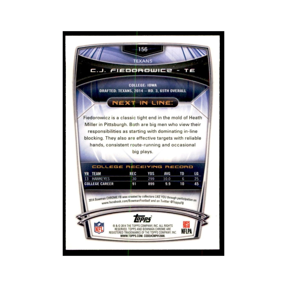 2014 Bowman Chrome C.J. Fiedorowicz RC Football Cards #156