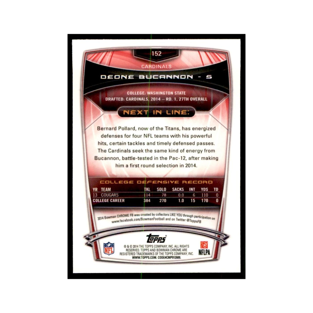 2014 Bowman Chrome Deone Bucannon RC Football Cards #152