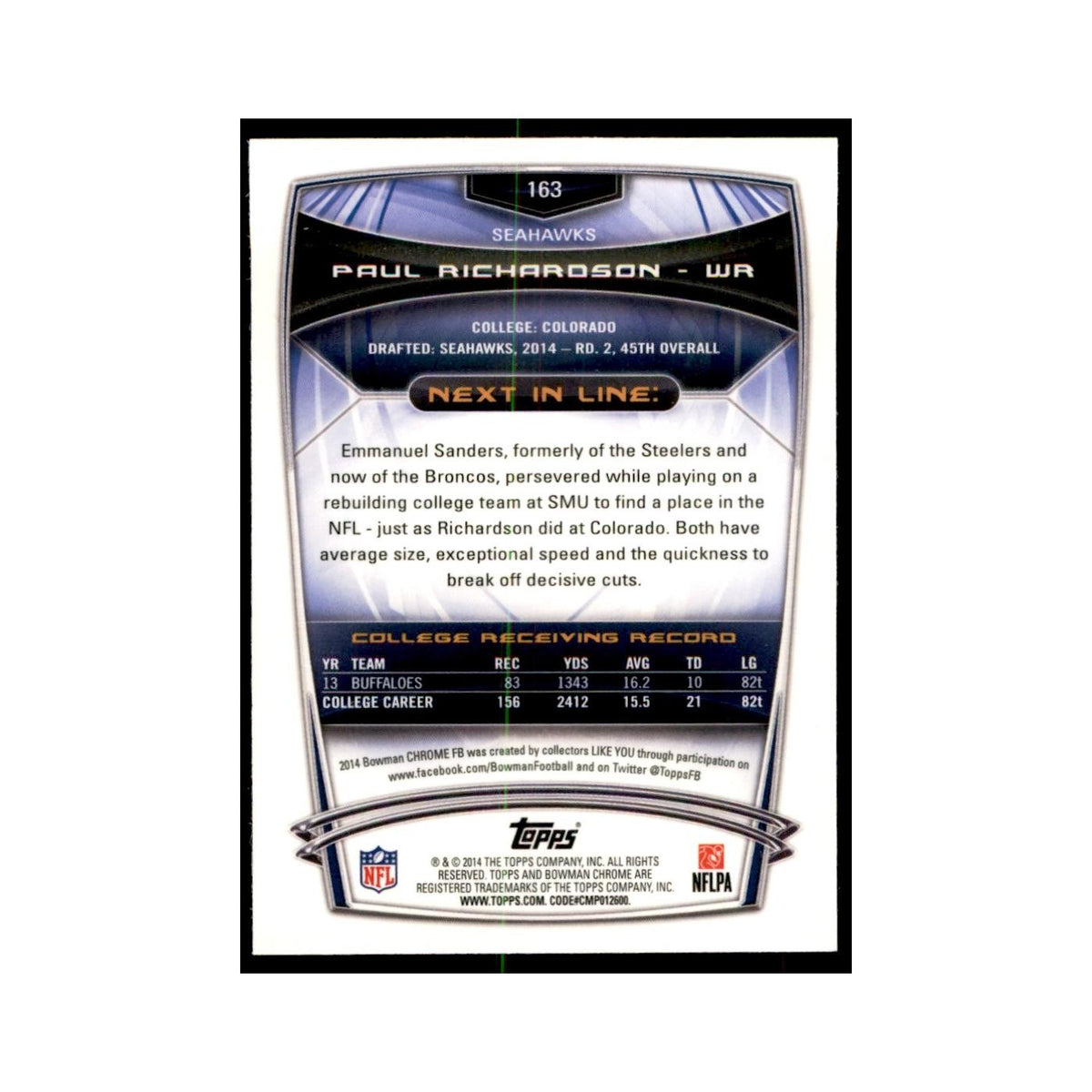 2014 Bowman Chrome Paul Richardson RC Football Cards #163
