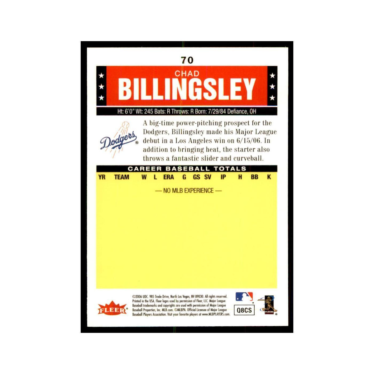 2006 Fleer Tradition Chad Billingsley Baseball Cards #70