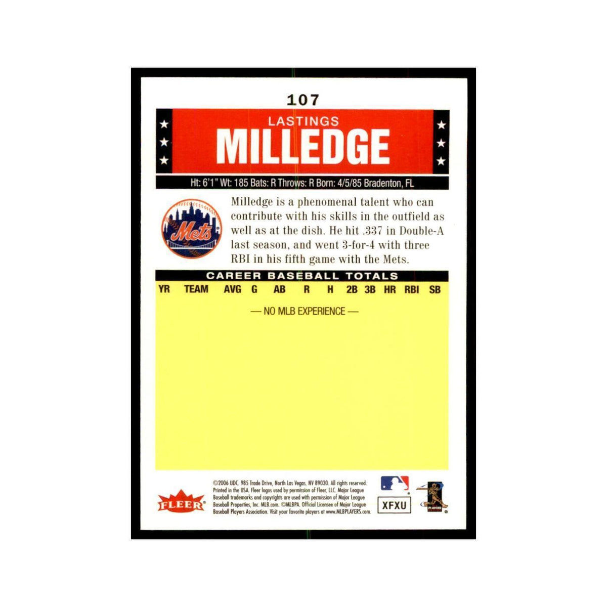 2006 Fleer Tradition Lastings Milledge Baseball Cards #107