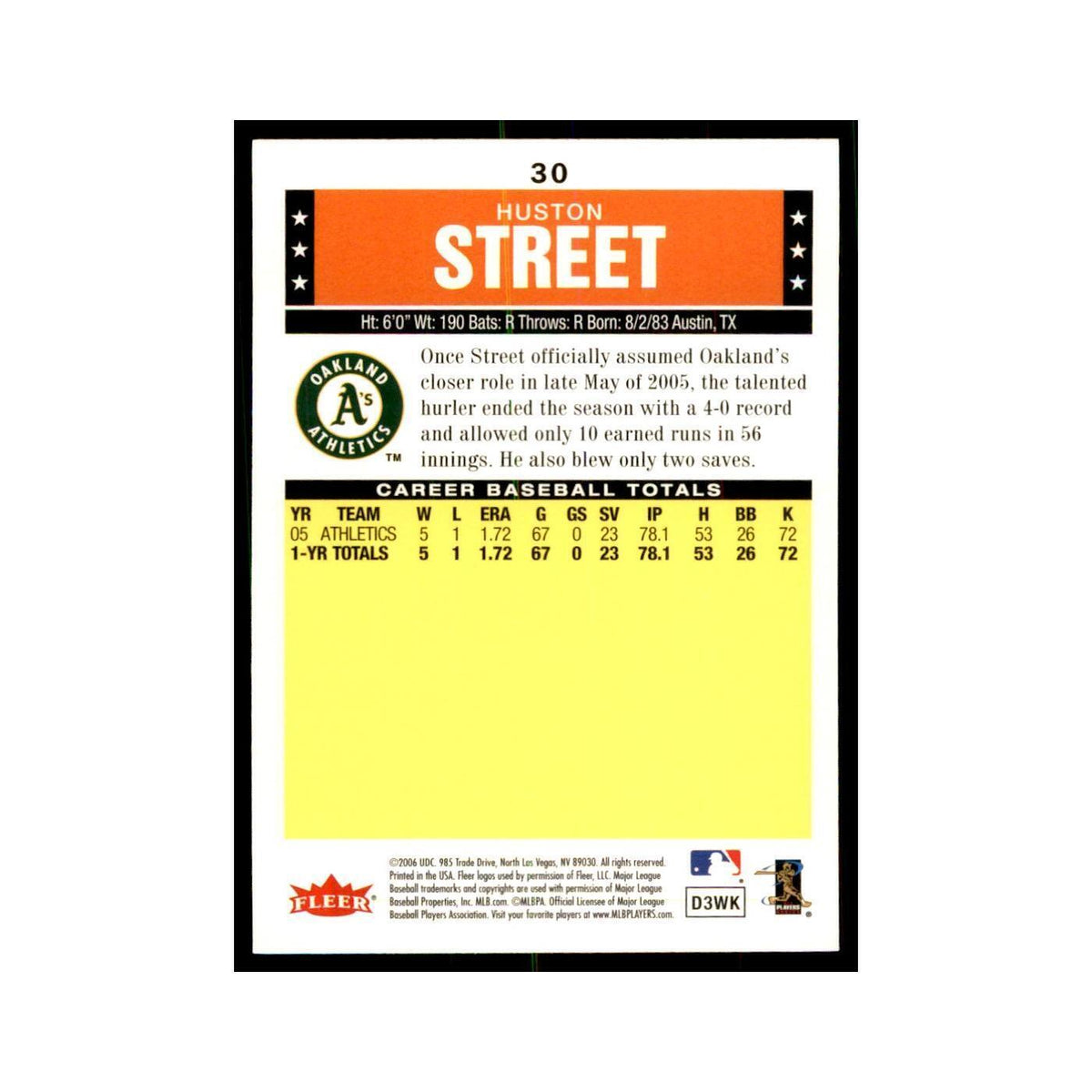 2006 Fleer Tradition Huston Street Baseball Cards #30