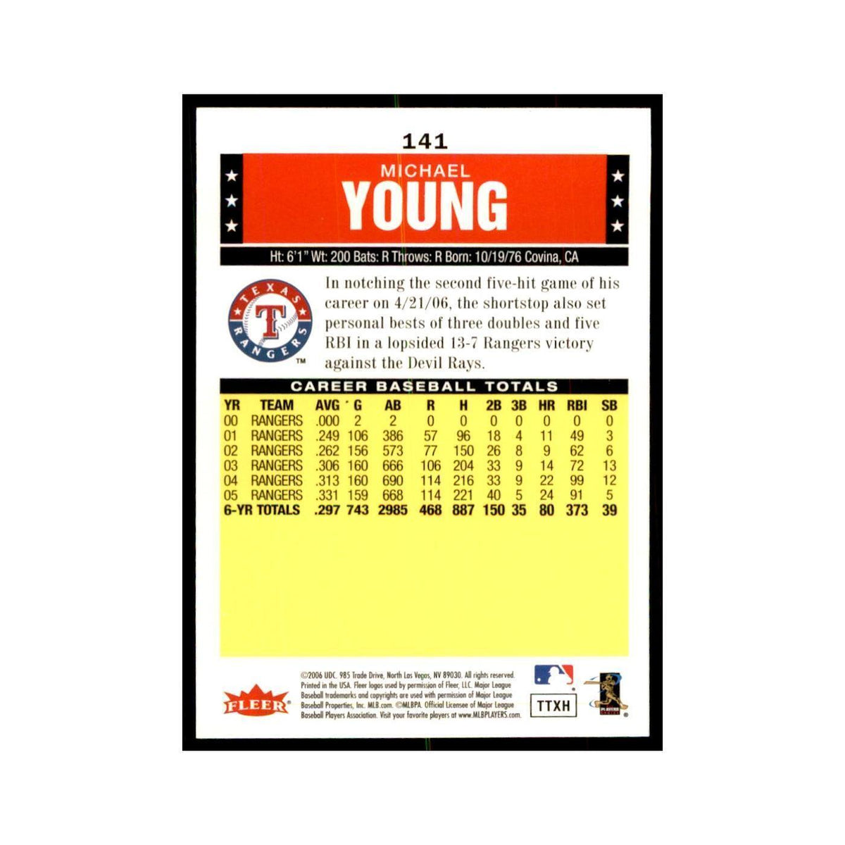 2006 Fleer Tradition Michael Young Baseball Cards #141