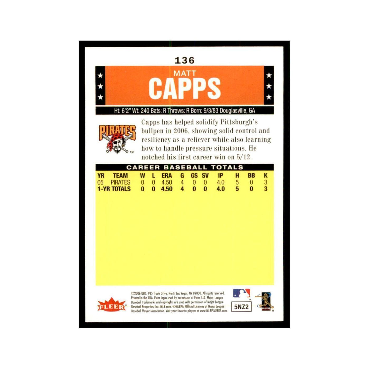 2006 Fleer Tradition Matt Capps Baseball Cards #136