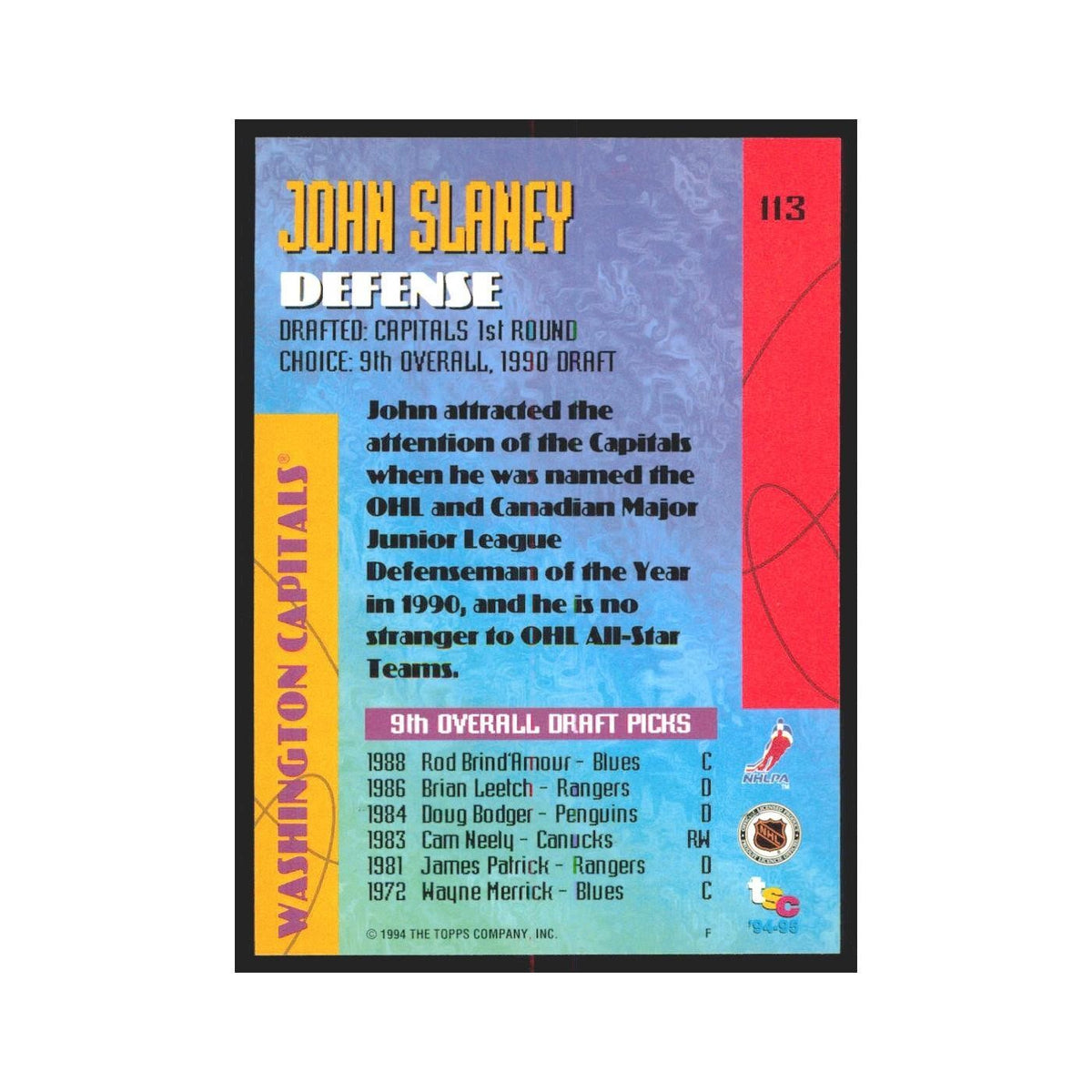 1994 Stadium Club John Slaney Washington Capitals #113