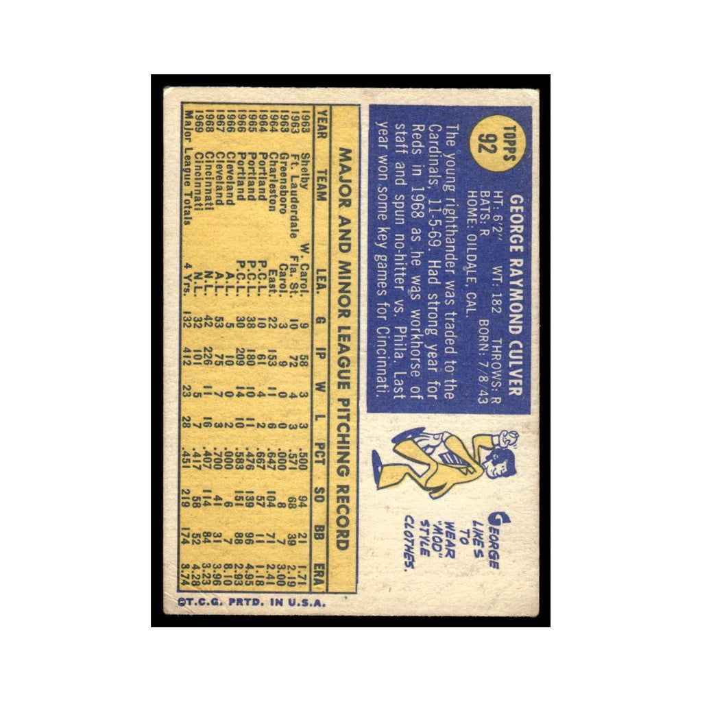 1970 Topps (Damaged) George Culver Cardinals #92