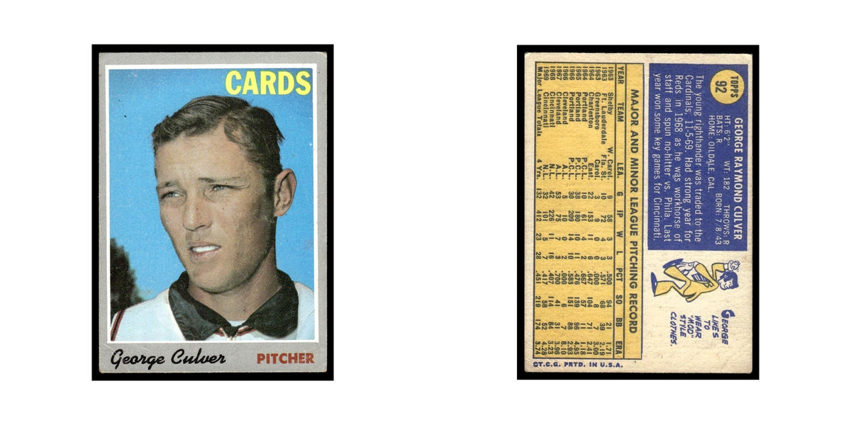 1970 Topps (Damaged) George Culver Cardinals #92