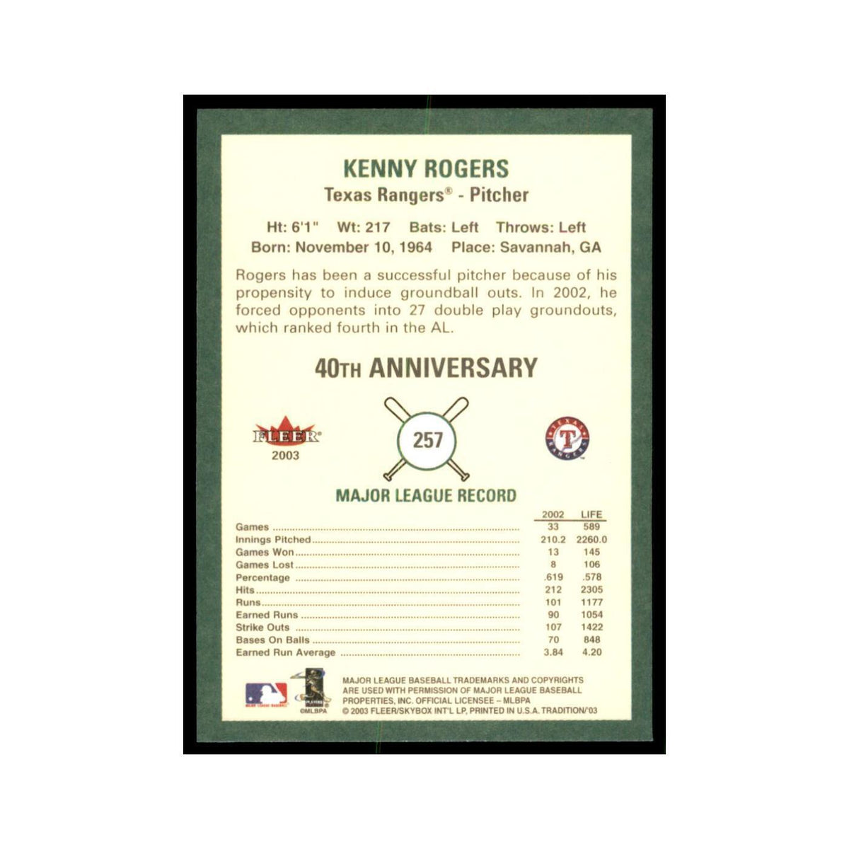 2003 Fleer Tradition Kenny Rogers Baseball Cards #257